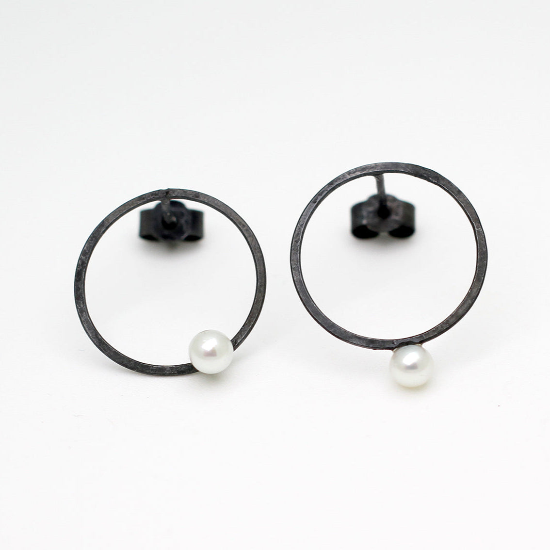 Round Oxidised Silver Pearl Earrings